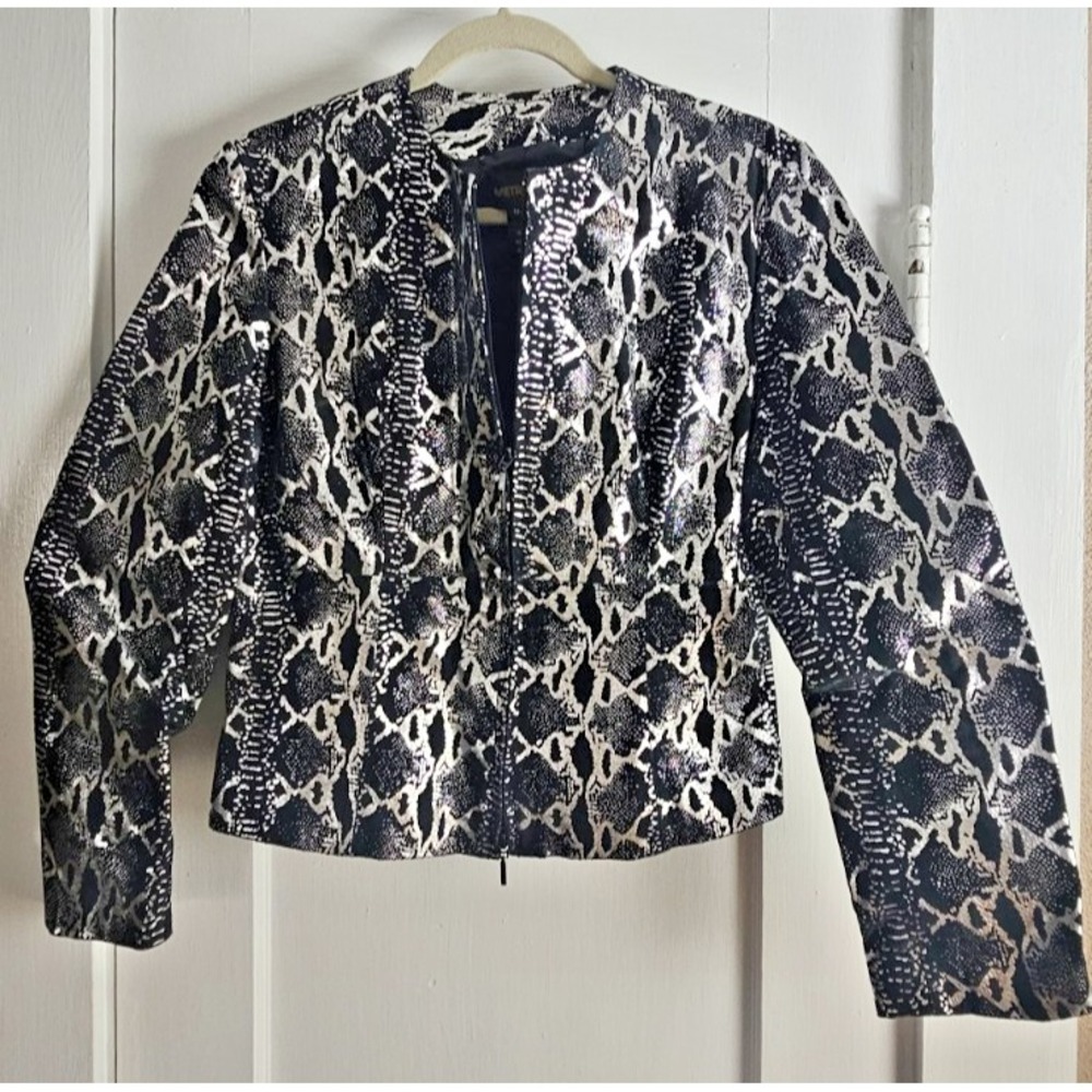 METROSTYLE silver metallic animal print leather jacket full zip SZ 8